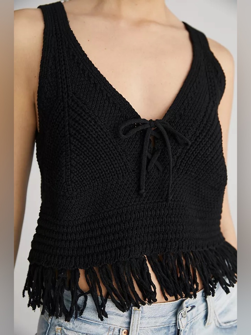 Anthropologie Pilcro Size XL Fringe Crochet Style Sweater Tank - Black